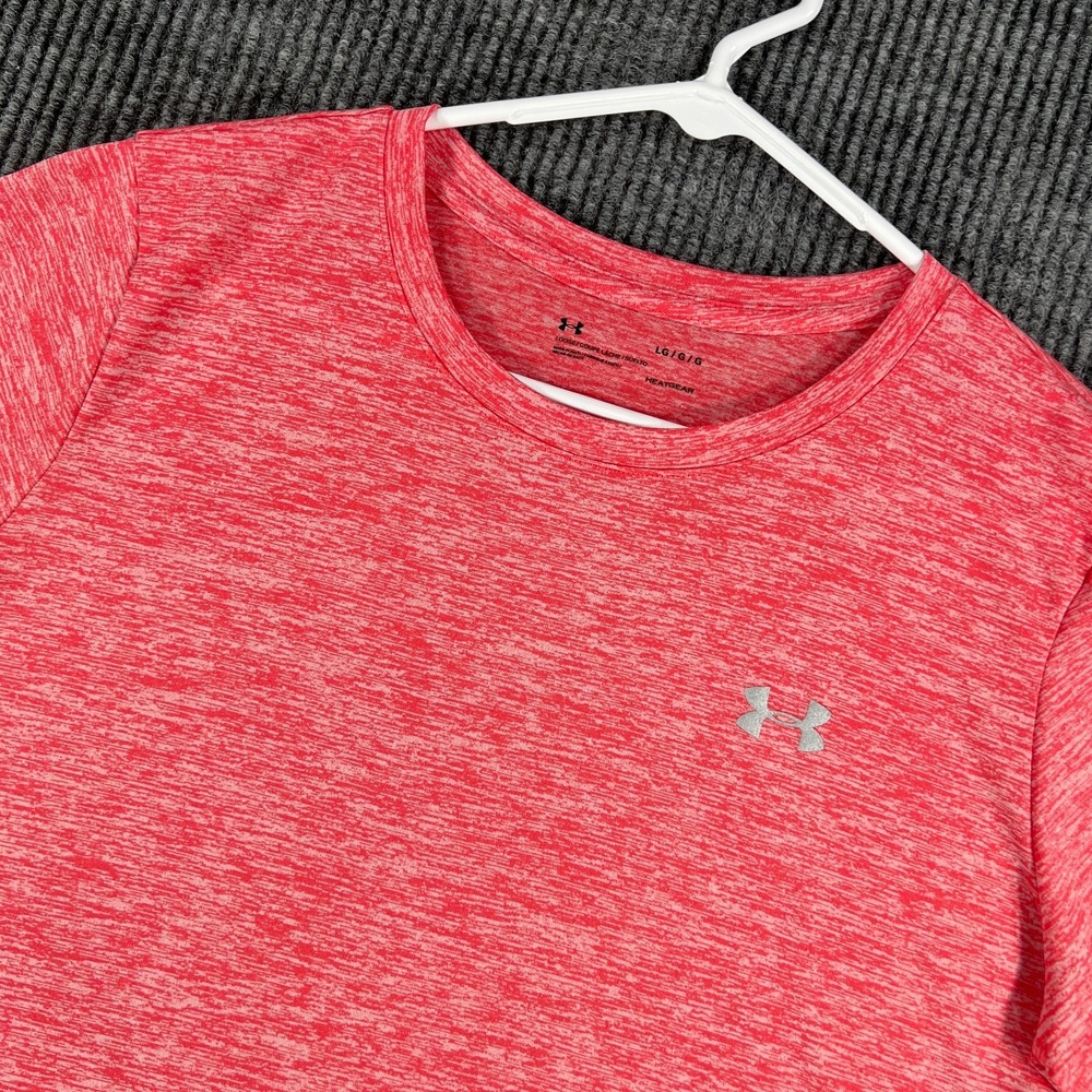 Under Armour Shirt Womens Large Pink Short Sleeve Heat Gear Loose Fit Workout